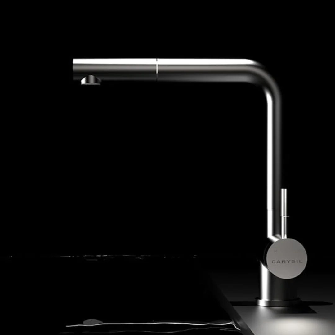 Carysil Alpha 2202 Kitchen Sink Faucet, L-Shape Pull-Out Tap, Spray Modes, 360° Swivel Spout, Single Lever Hot & Cold Mixer, 35mm Cartridge, Stainless Steel Body, Matt Finish
