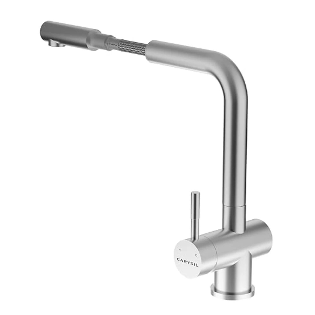 Carysil Alpha 2202 Kitchen Sink Faucet, L-Shape Pull-Out Tap, Spray Modes, 360° Swivel Spout, Single Lever Hot & Cold Mixer, 35mm Cartridge, Stainless Steel Body, Matt Finish