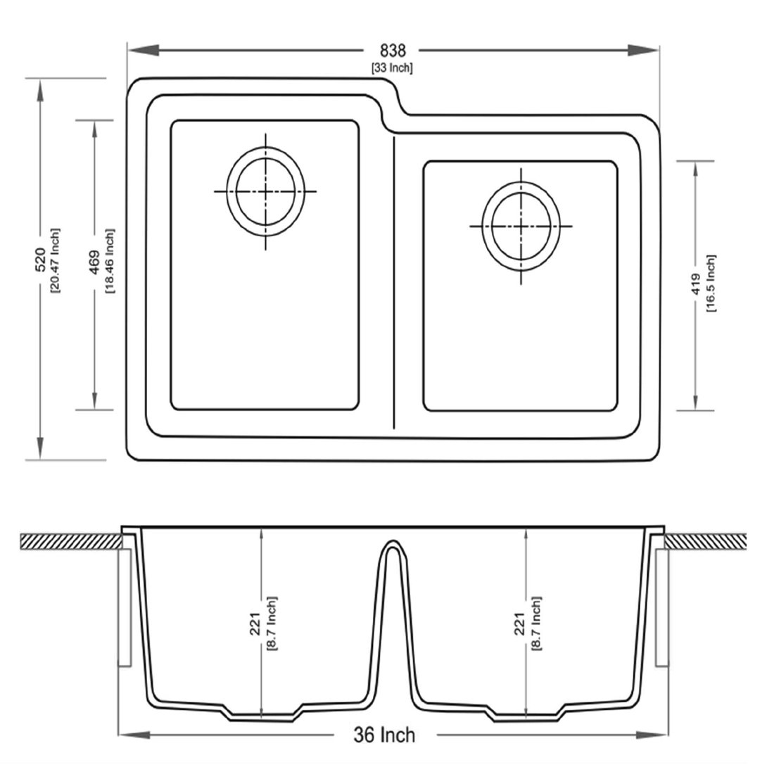 Carysil 250R Tango Double Bowl kitchen Sink dimensions