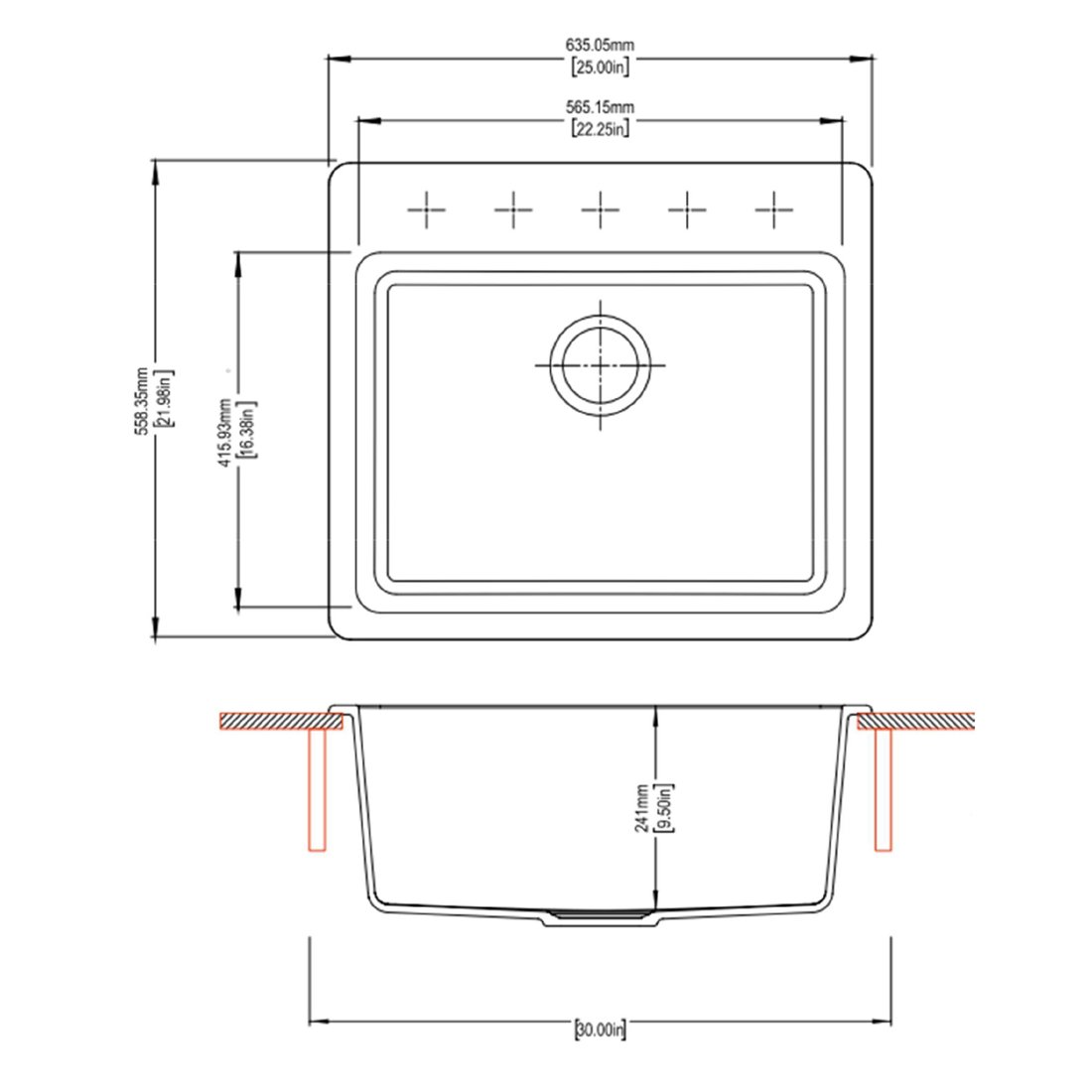 Carysil 2522 Tango Single Bowl Kitchen Sink dimensions
