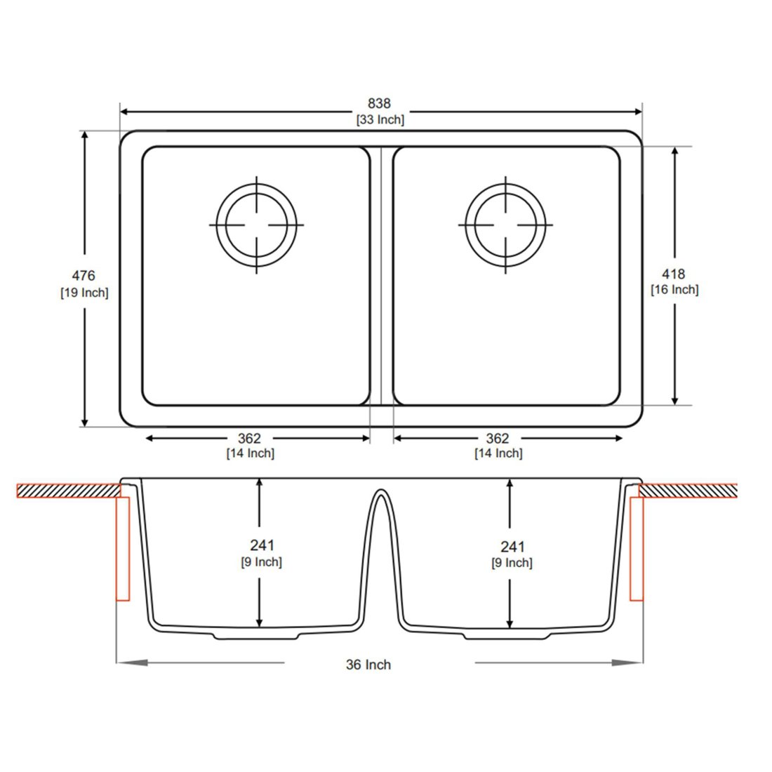 Carysil 3322 Tango Double Bowl kitchen Sink dimensions