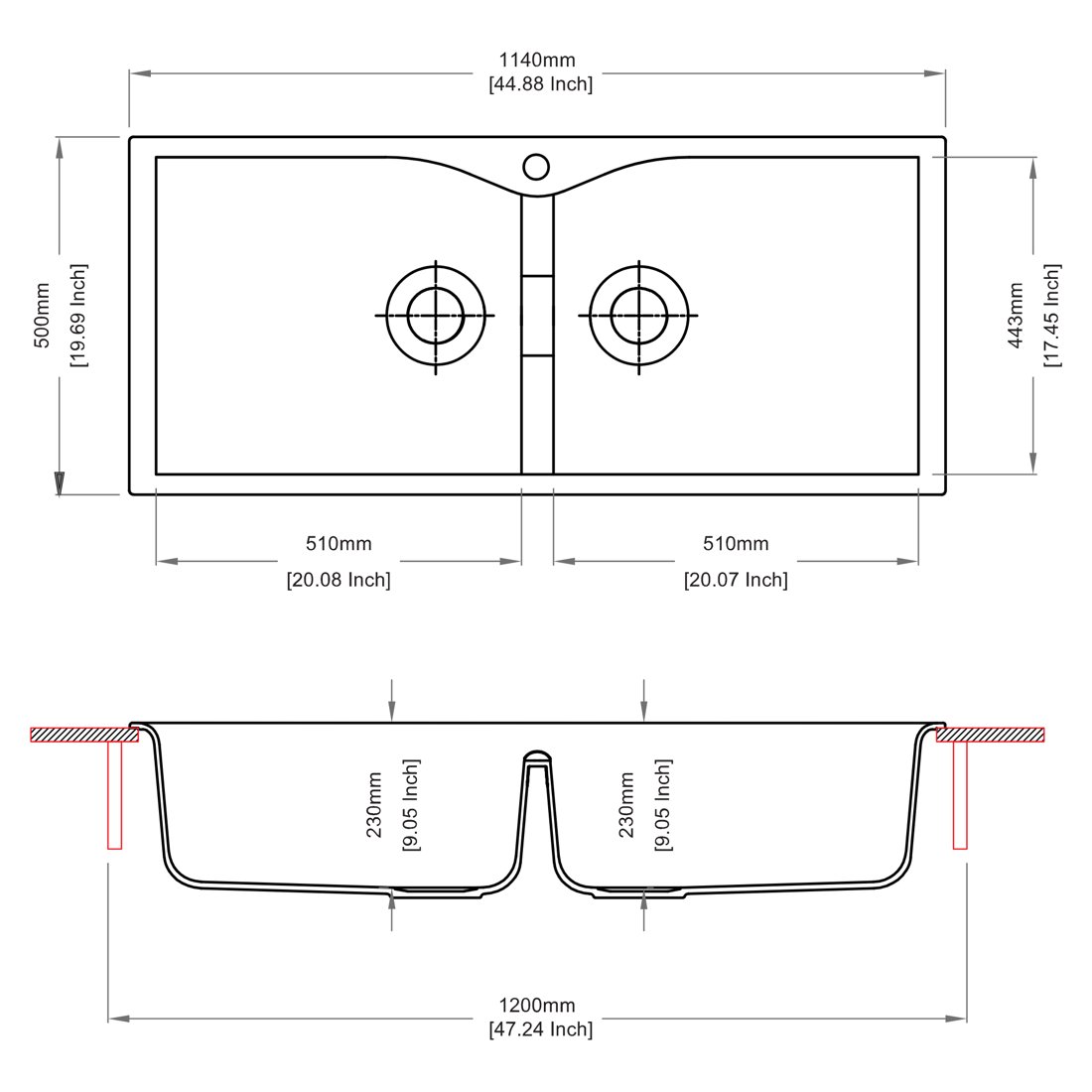 Carysil 4520 Largo Double Bowl Kitchen Sink dimensions