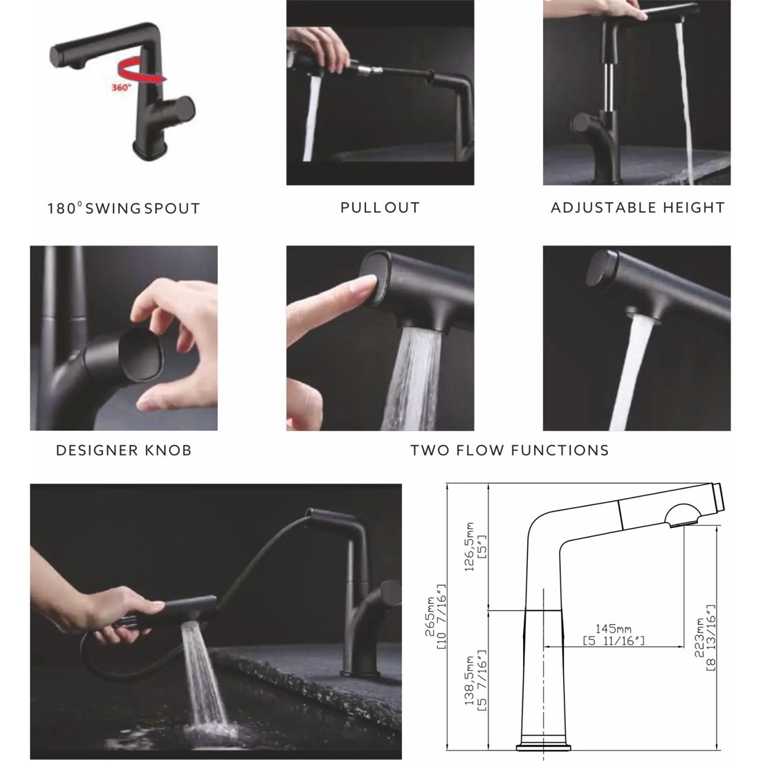 Carysil Alpha04 Kitchen Faucet, Pull-Out Sprayer, Solid Brass, 180° Swivel Spout, 2-Function Spray, Ceramic Cartridge, Stainless Steel Hoses, Easy Installation, Premium Packaging
