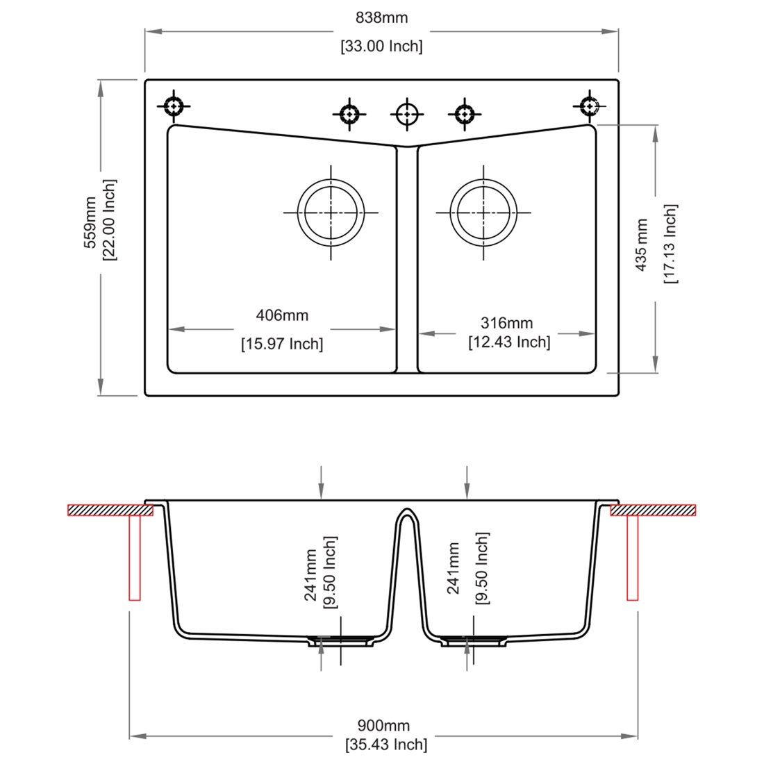 Carysil CGDB 3322 Double Bowl Kitchen Sink dimensions