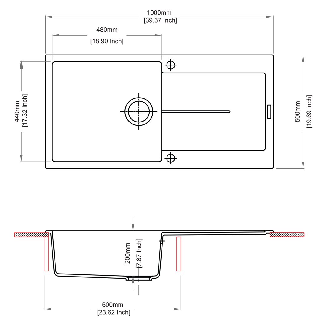 Carysil D100L Enigma Single Bowl with Drainer Kitchen sink dimensions