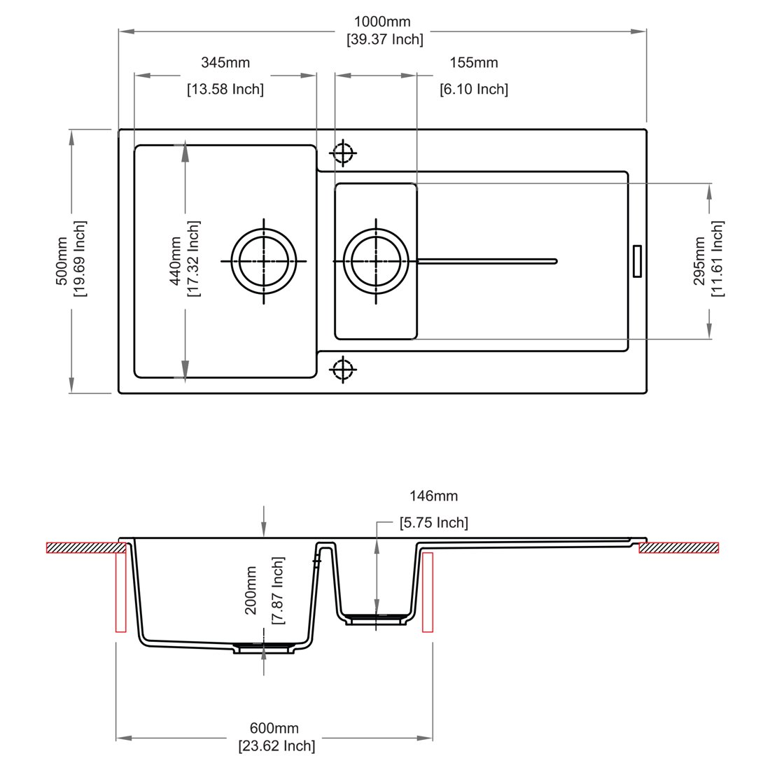 Carysil D150 Enigma Single Bowl with Drainer Kitchen Sink dimensions