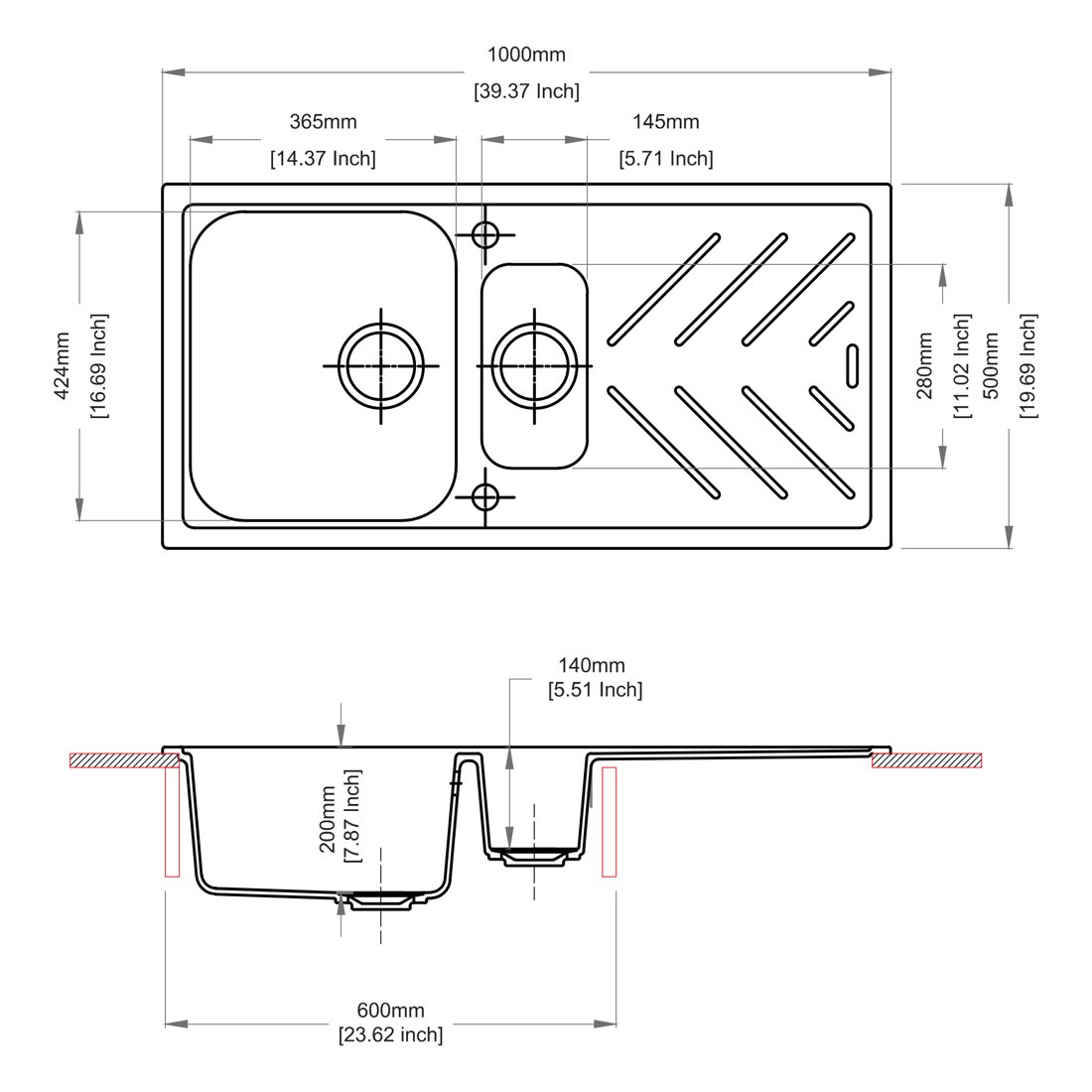 Carysil D150 New Beethoven One and Half Bowl Kitchen Sink with Drainer dimensions
