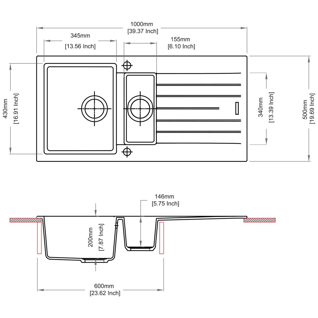 Carysil D150 Tip Toe Single with Drainer Kitchen Sink dimensions