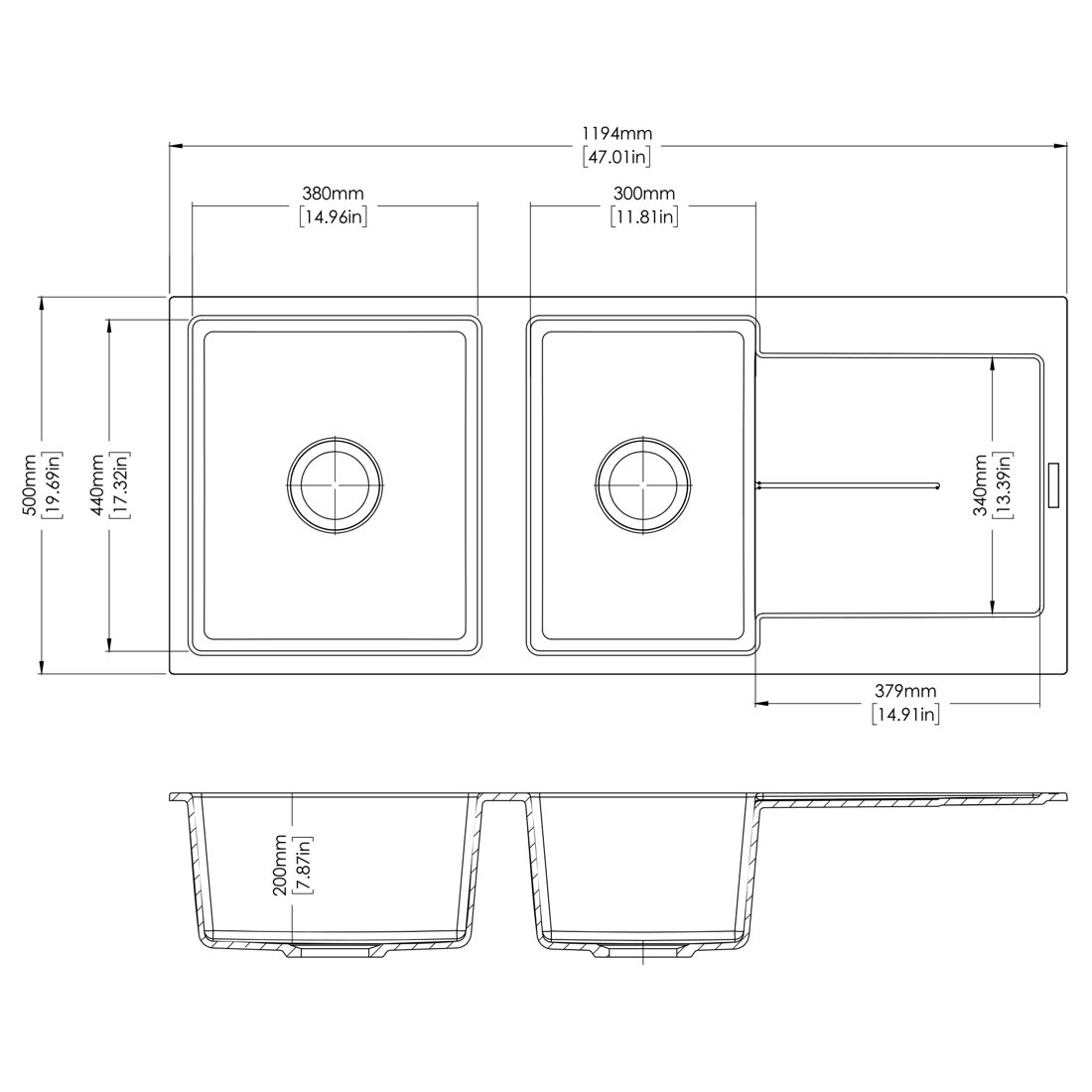 Carysil D200L Enigma Double bowl with Drainer Kitchen Sink dimensions