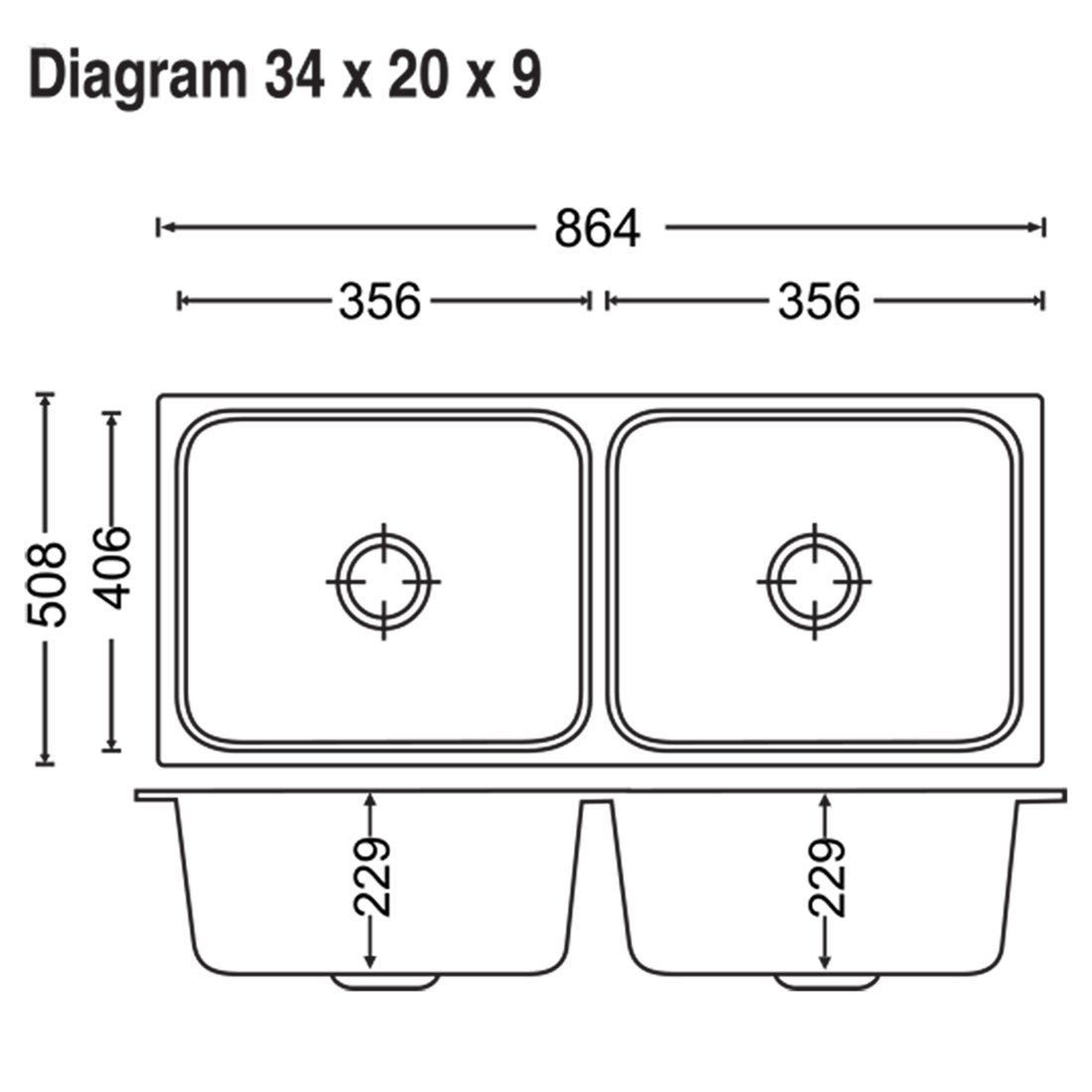 Carysil Elegance Double Bowl 34x20x9 dimensions