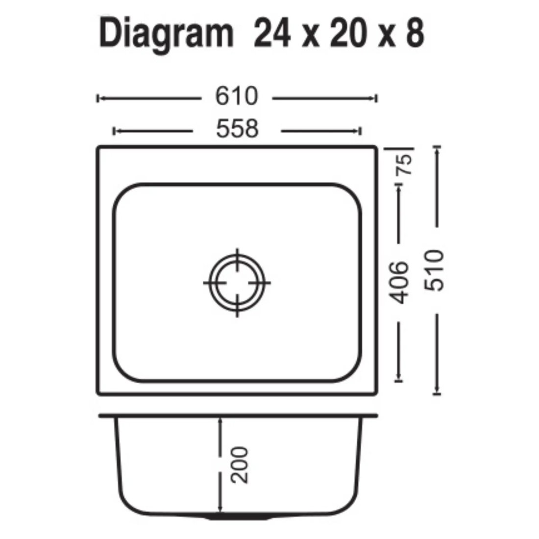 Carysil Elegance Plus Single Bowl 24x20x8 dimensions
