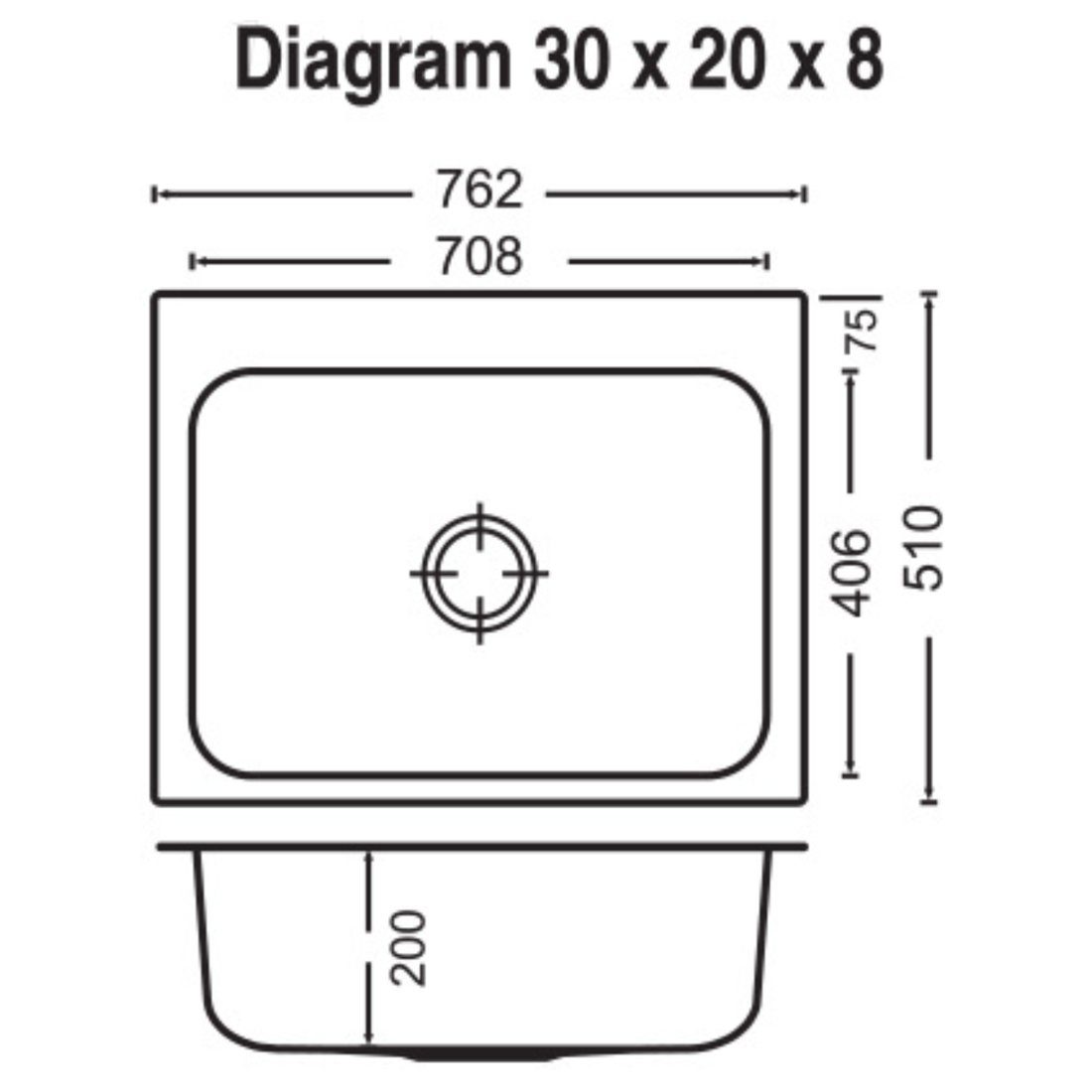 Carysil Elegance Plus Single Bowl 30x20x8 dimensions