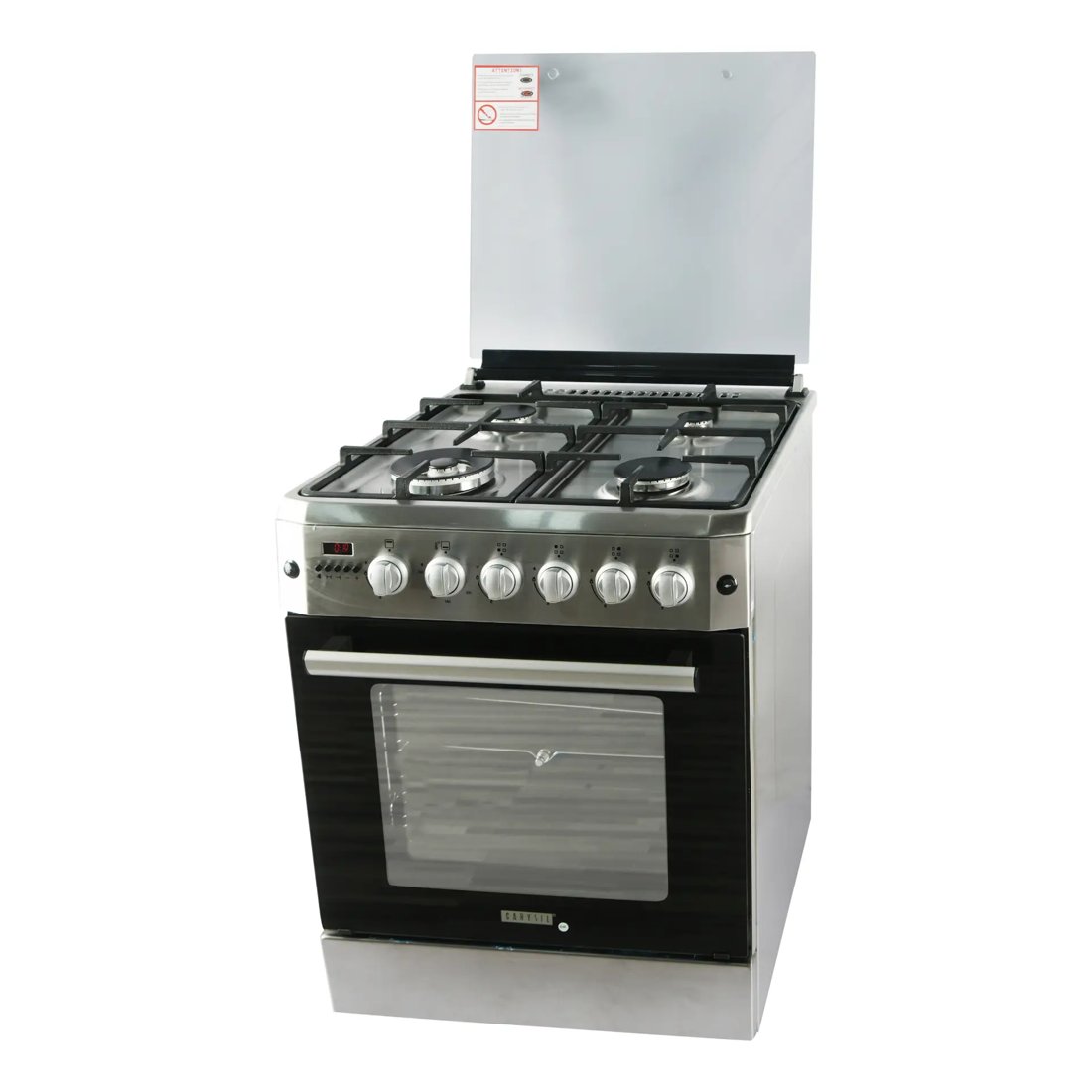 Carysil Free-Standing Cooking Range FSCR-01, 62L Gas Oven, 4 High-Power Italian SABAF Burners, Cast Iron Support, Digital Timer, Cooking, Baking, Grilling & Roasting, Stainless Steel Body, Silver