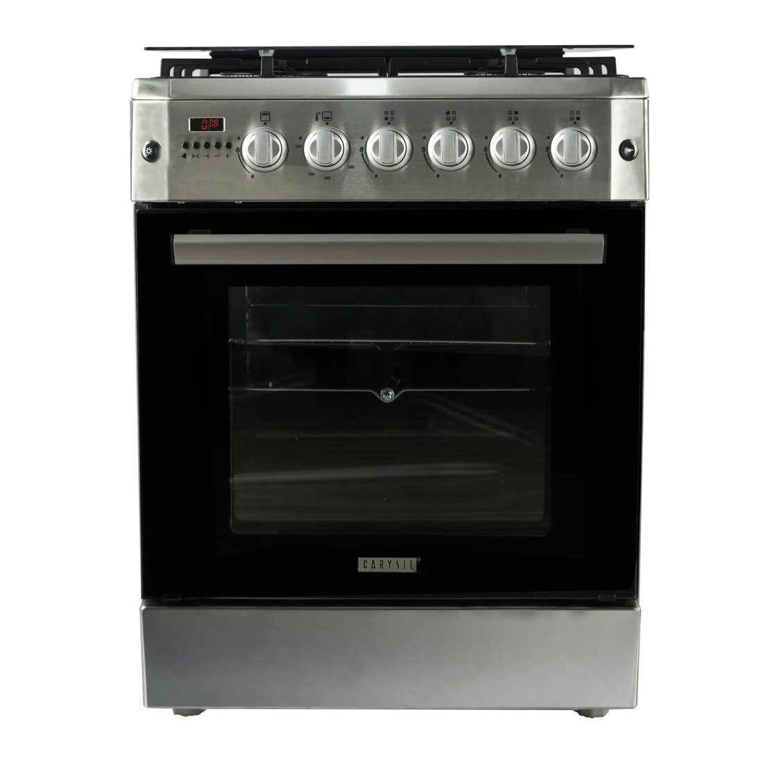 Carysil Free-Standing Cooking Range FSCR-01, 62L Gas Oven, 4 High-Power Italian SABAF Burners, Cast Iron Support, Digital Timer, Cooking, Baking, Grilling & Roasting, Stainless Steel Body, Silver dimensions