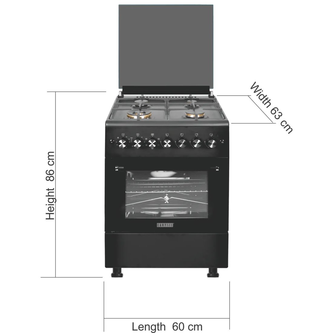 Carysil Free-Standing Cooking Range FSCR-04, 62L Electric Oven, 4 High-Power Italian SABAF Burners, Cast Iron Support, Digital Timer, Cooking, Baking, Grilling & Roasting, Stainless Steel Body, Black