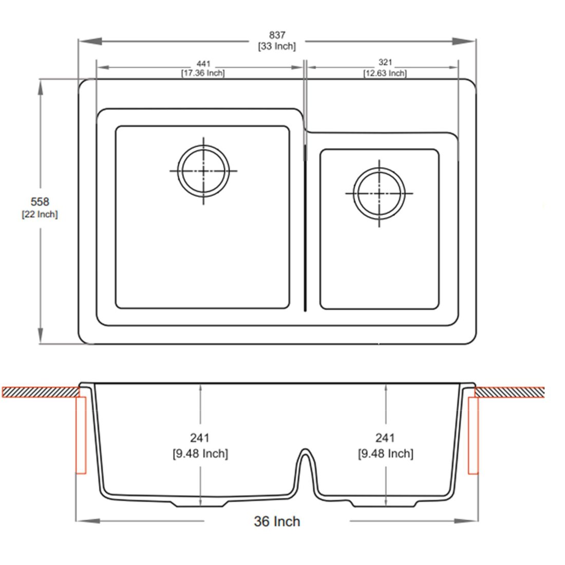 Carysil LB3322 Tango Double Bowl Kitchen Sink dimensions