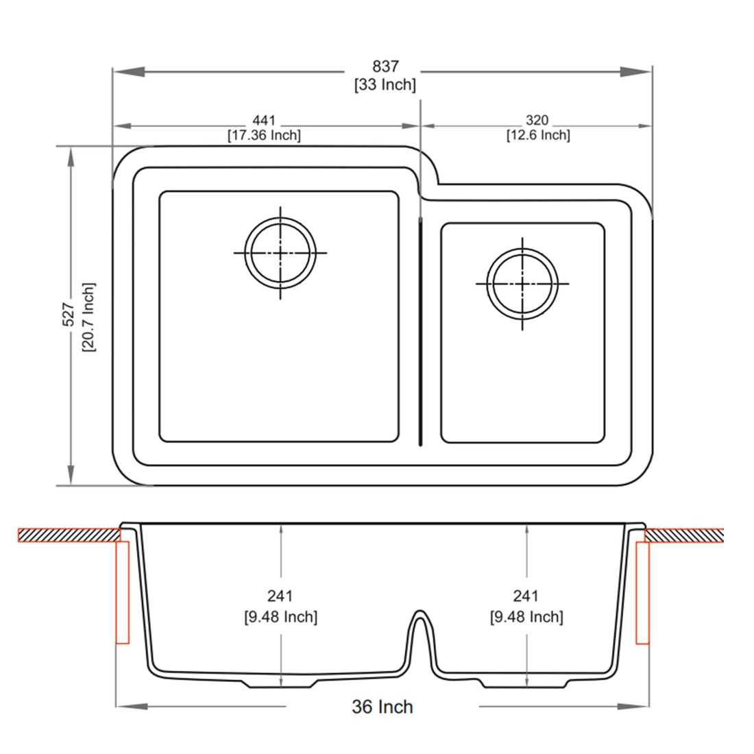 Carysil LBU 3322 Tango Double Bowl kitchen Sink dimensions