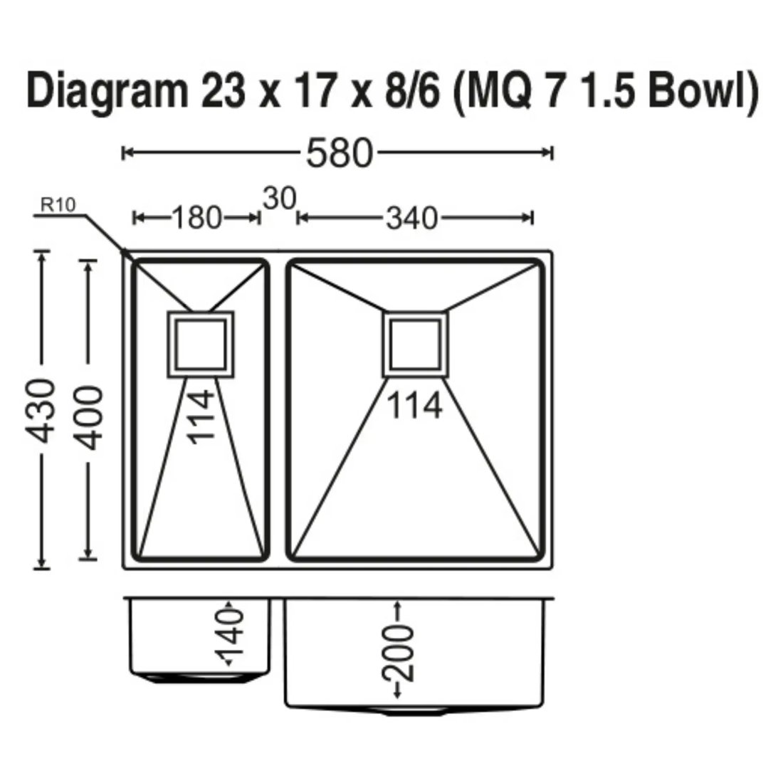 Carysil Micro Radius R10 One and Half Bowl and Double Bowl 13x17x18.6 dimensions