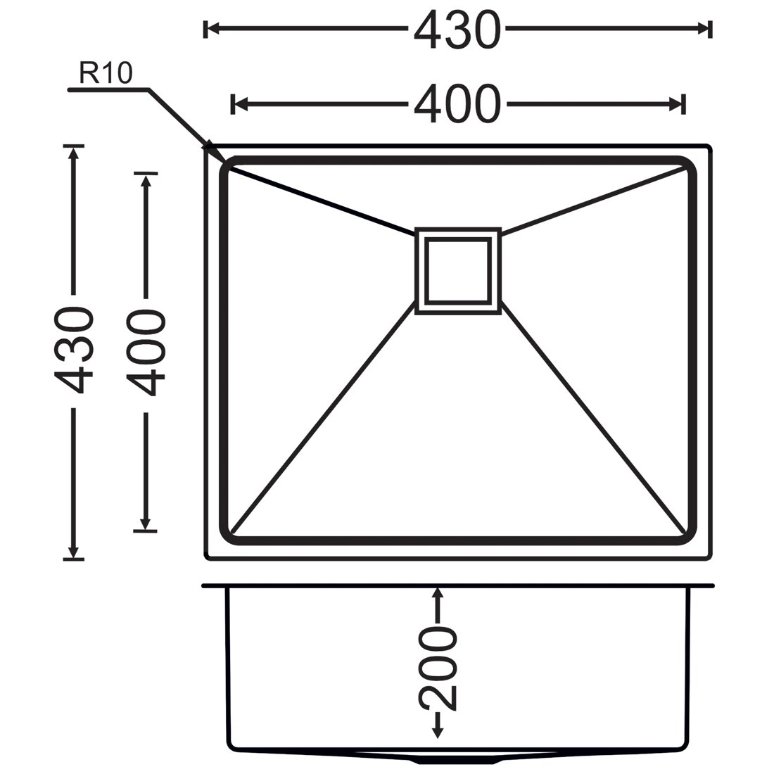Carysil Micro Radius R10 Single Bowl 17x17x8 dimensions