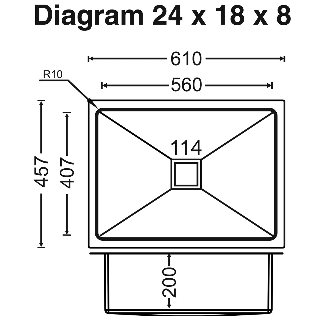 Carysil Micro Radius R10 Single Bowl 24x18x8 dimensions