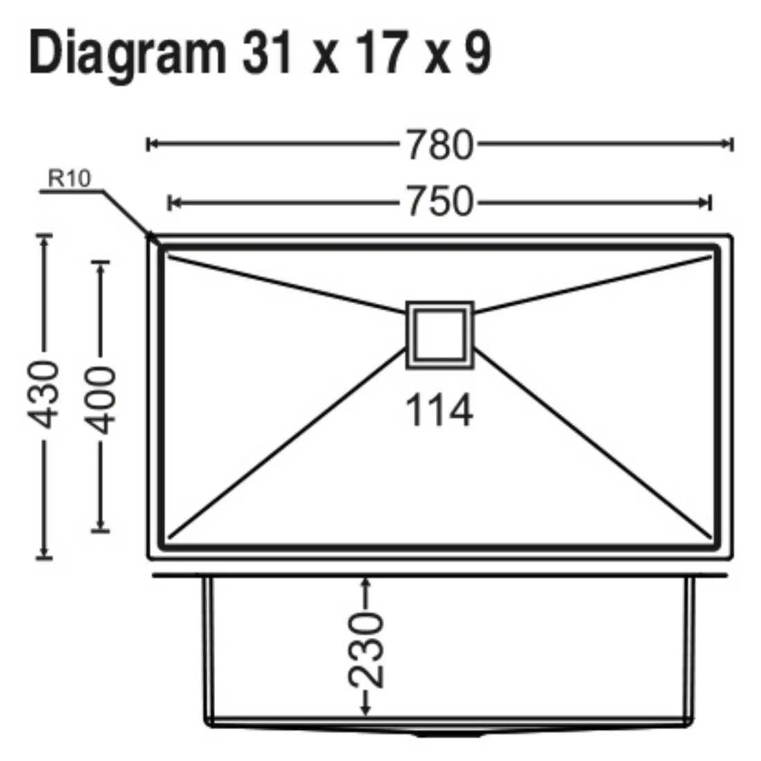 Carysil Micro Radius R10 Single Bowl 31x17x9 dimensions