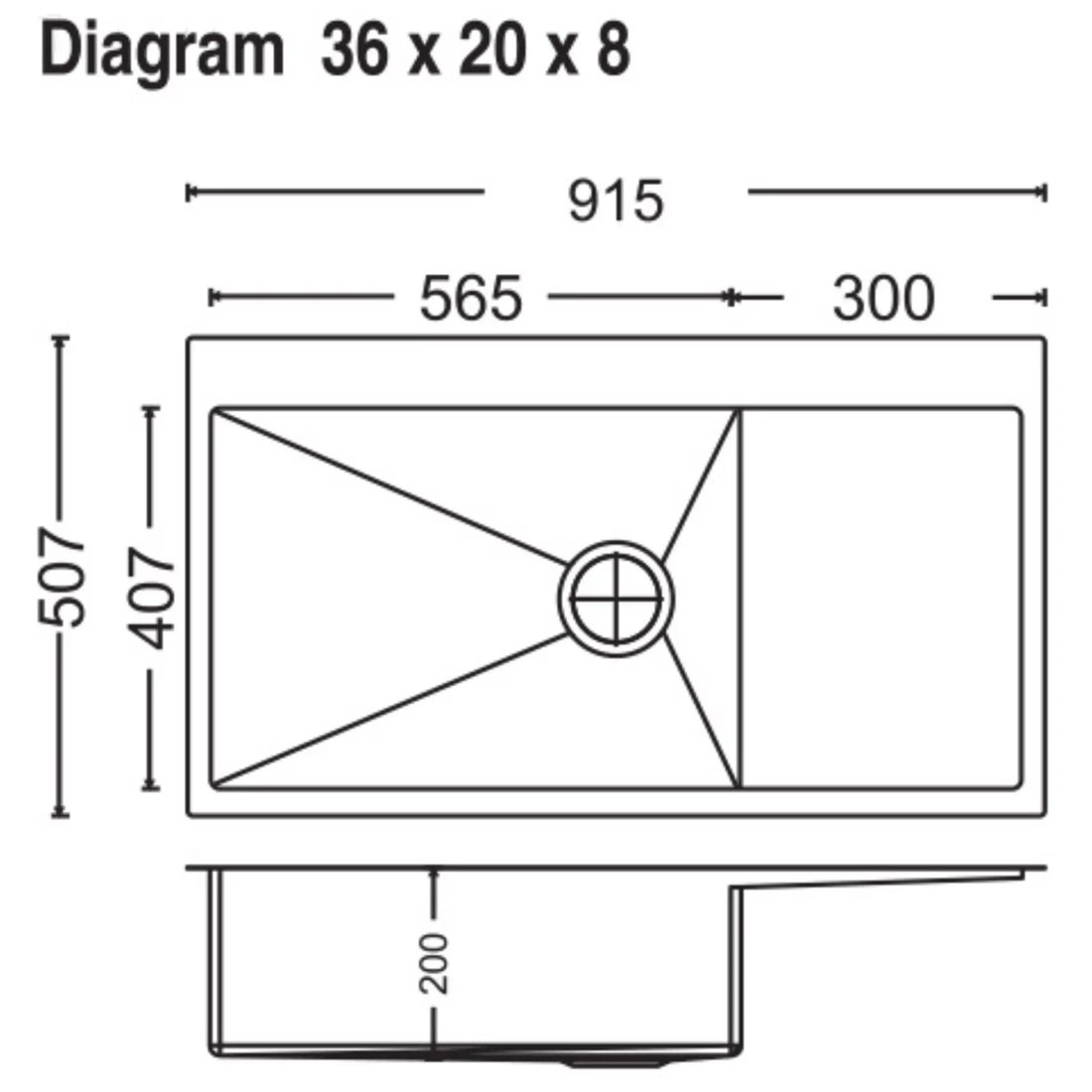 Carysil Micro Radius R10 Single Bowl with Drainer 36x20x8 dimensions