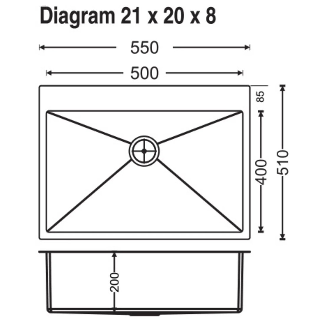 Carysil Micro Radius Waltz Single Bowl 21x20x8 dimensions