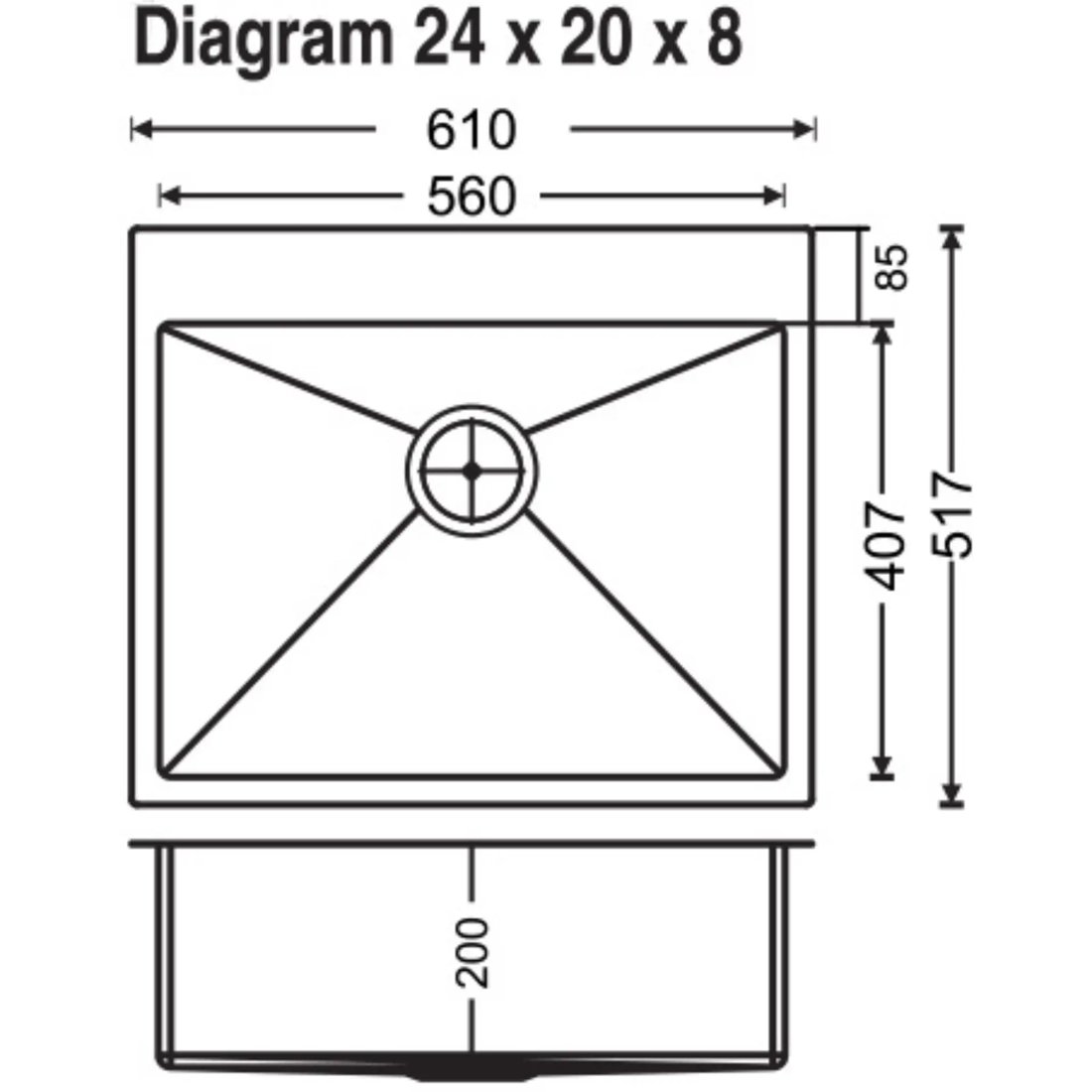 Carysil Micro Radius Waltz Single Bowl 24x20x8 dimensions