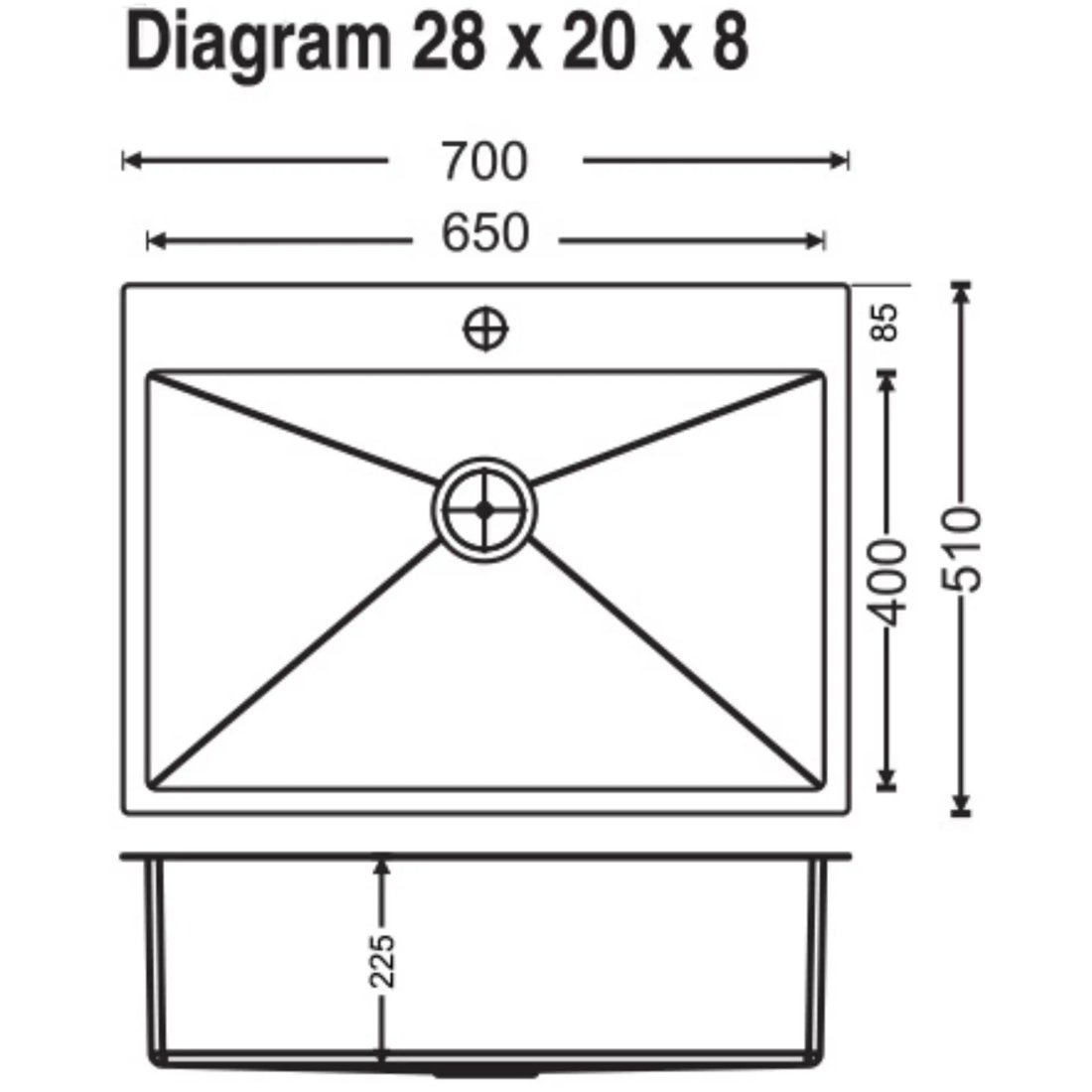 Carysil Micro Radius Waltz Single Bowl 28x20x8 dimensions