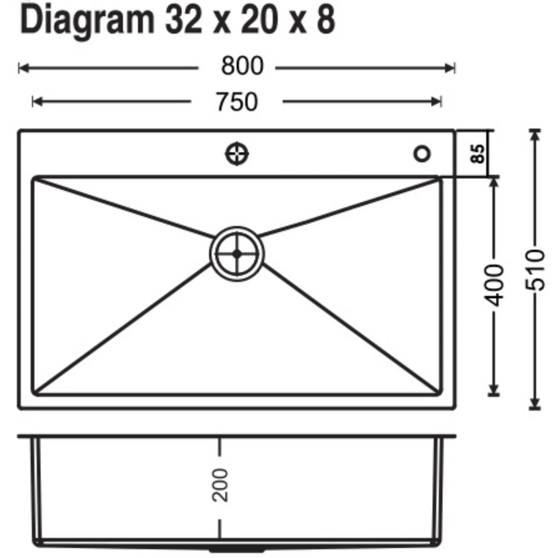 Carysil Micro Radius Waltz Single Bowl 31x20x8 dimensions
