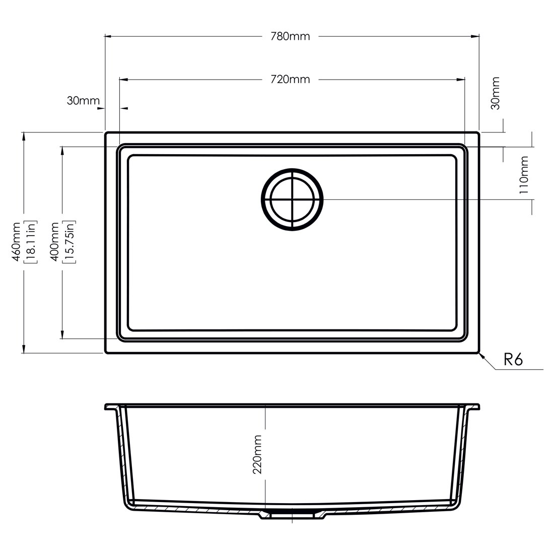 Carysil N100L Enigma Single Bowl Kitchen Sink dimensions