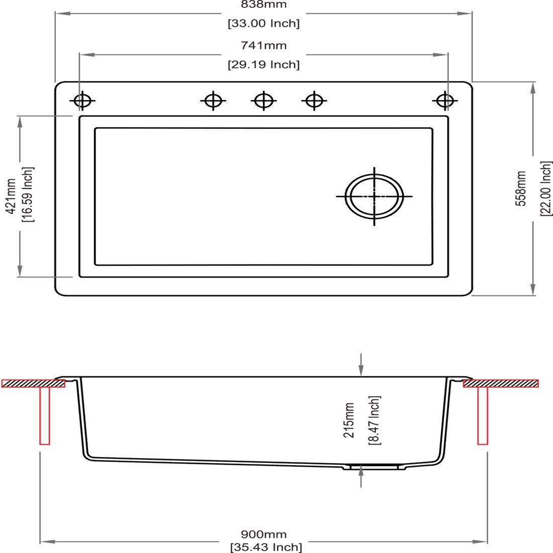 Carysil N100L Swan Single Bowl Kitchen Sink dimensions