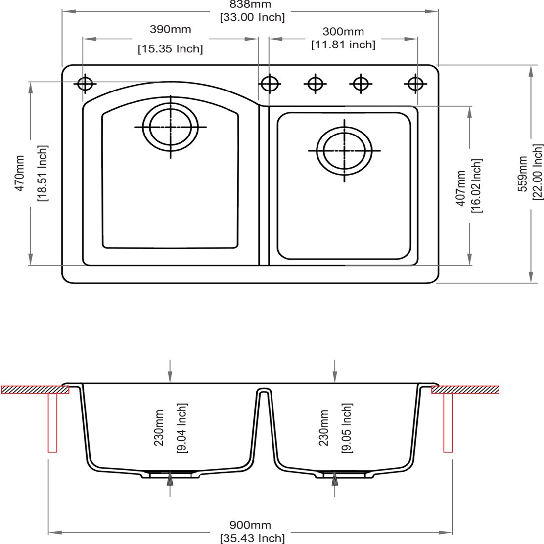 Carysil N200 Swan Double Bowl Kitchen Sink dimensions