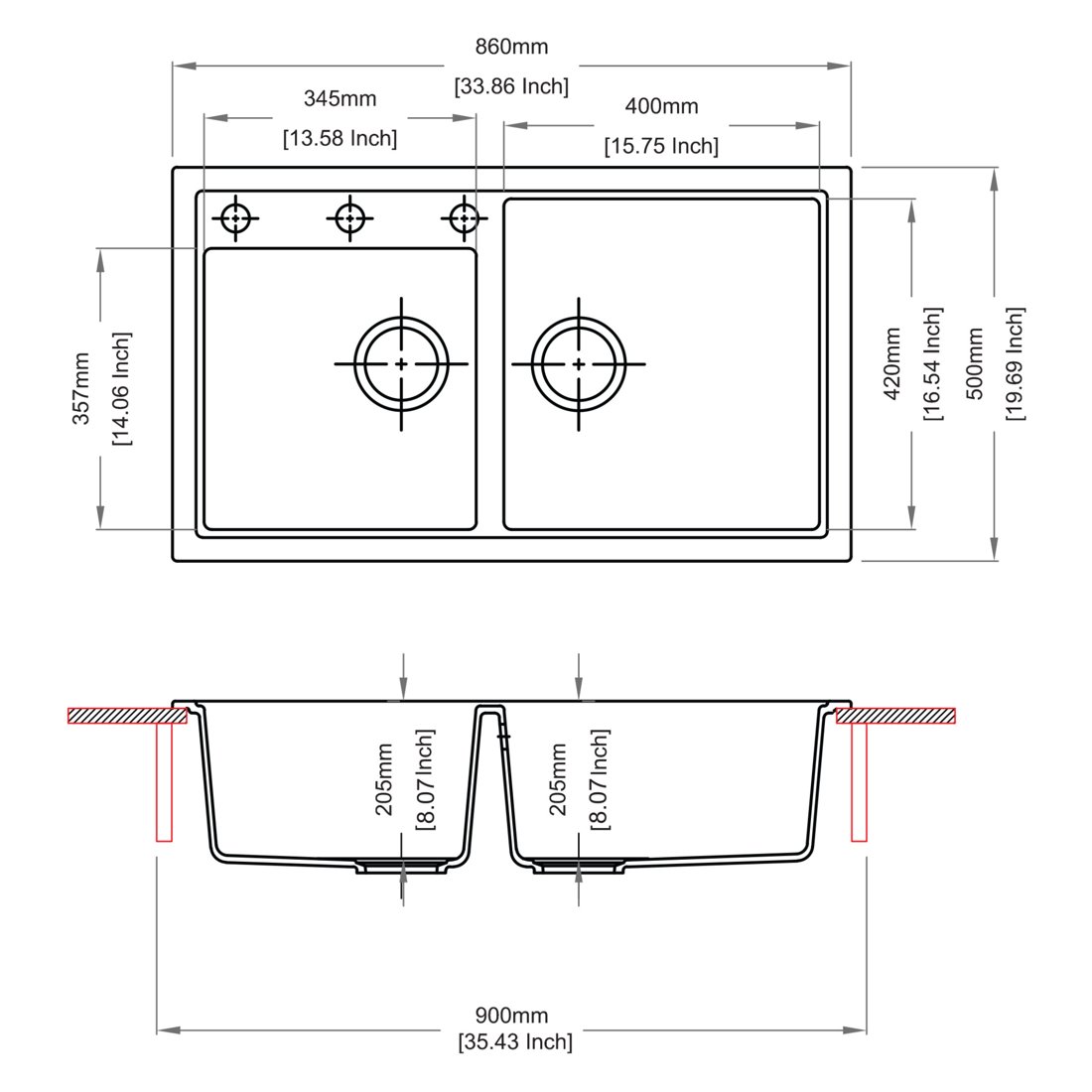 Carysil N200 Vivaldi Double Bowl Kitchen Sink dimensions