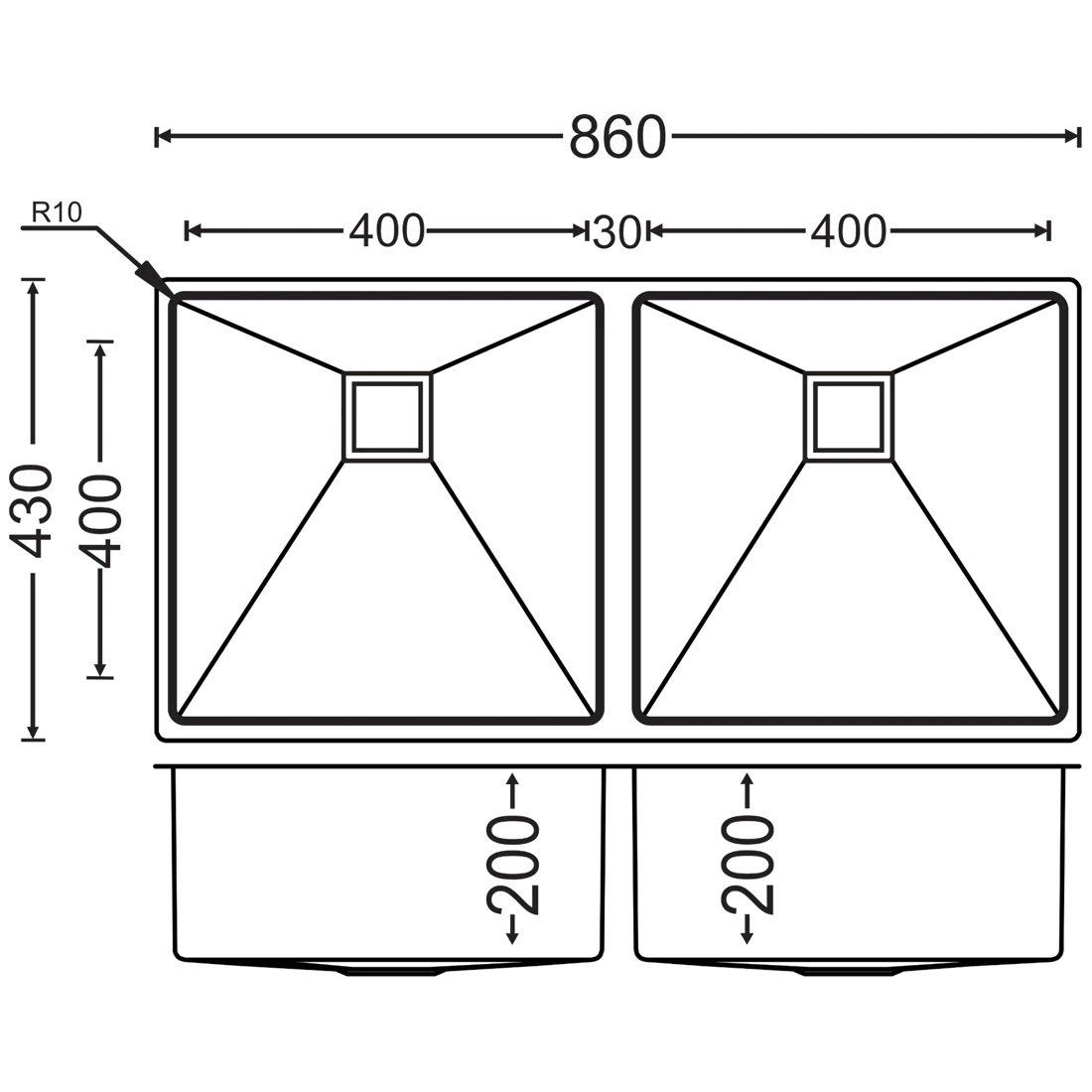 Carysil PMQ 9 PVD Double Bowl Kitchen Sink dimensions