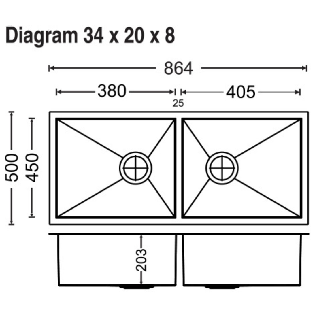 Carysil Quadro Double Bowl 34x20x8 dimensions