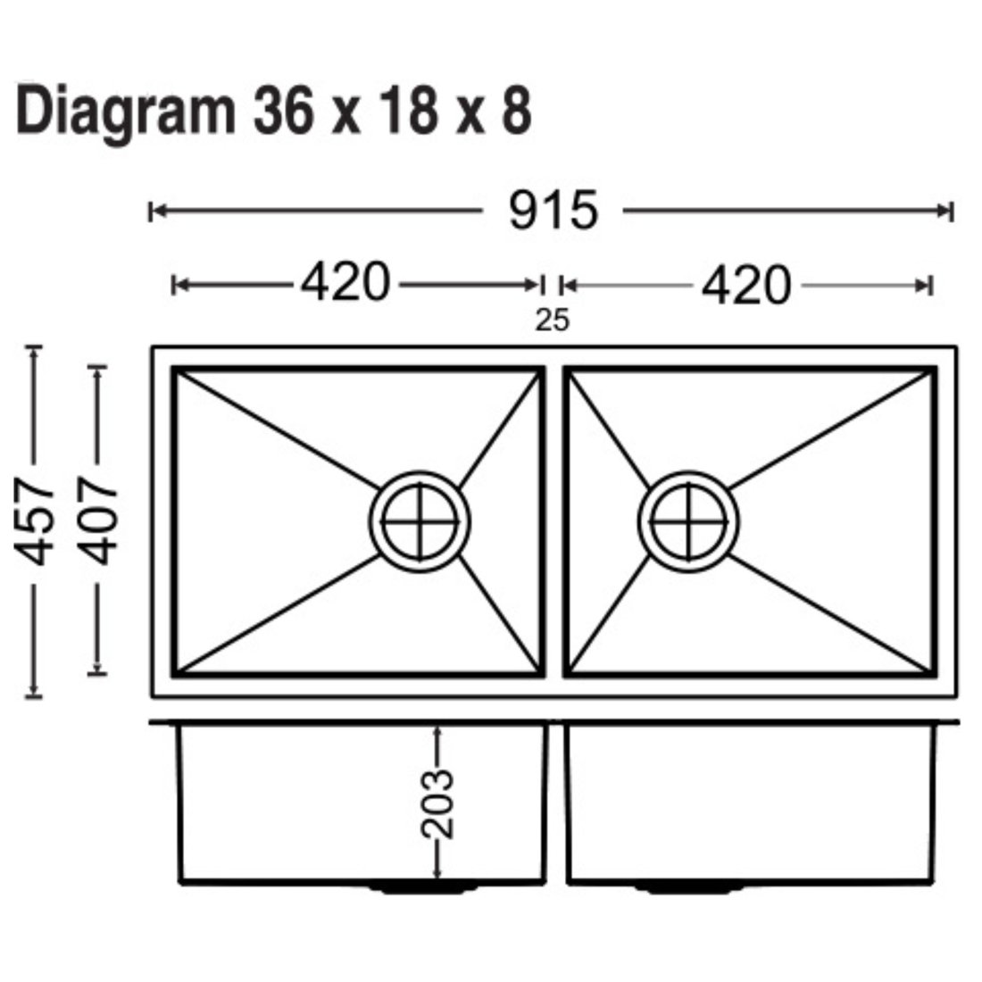 Carysil Quadro Double Bowl 36x18x8 dimensions