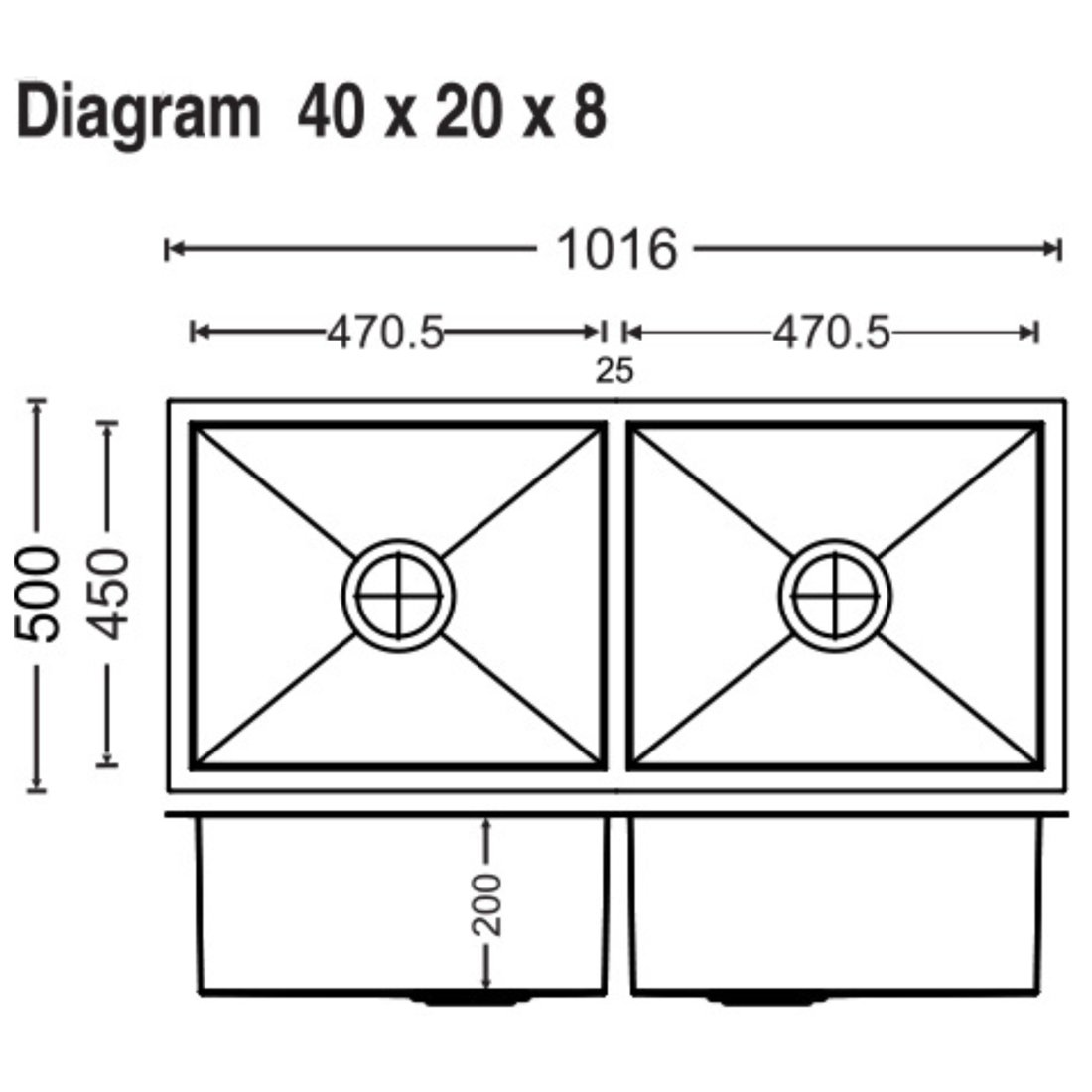 Carysil Quadro Double Bowl 40x20x8 dimensions