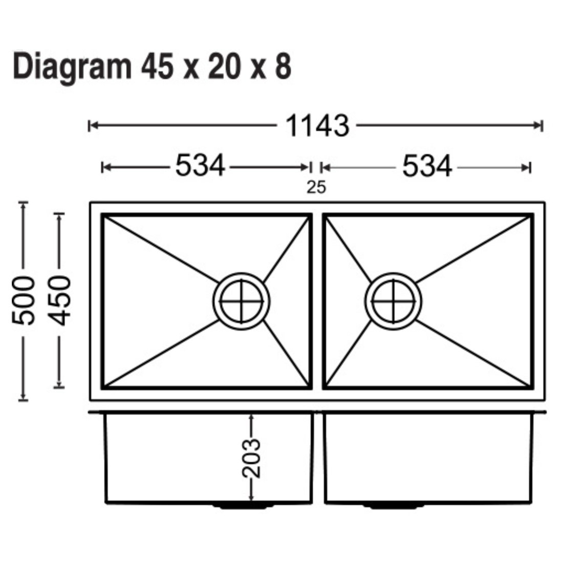 Carysil Quadro Double Bowl 45x20x8 dimensions
