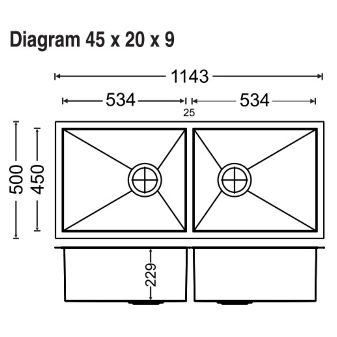 Carysil Quadro Double Bowl 45x20x9 dimensions