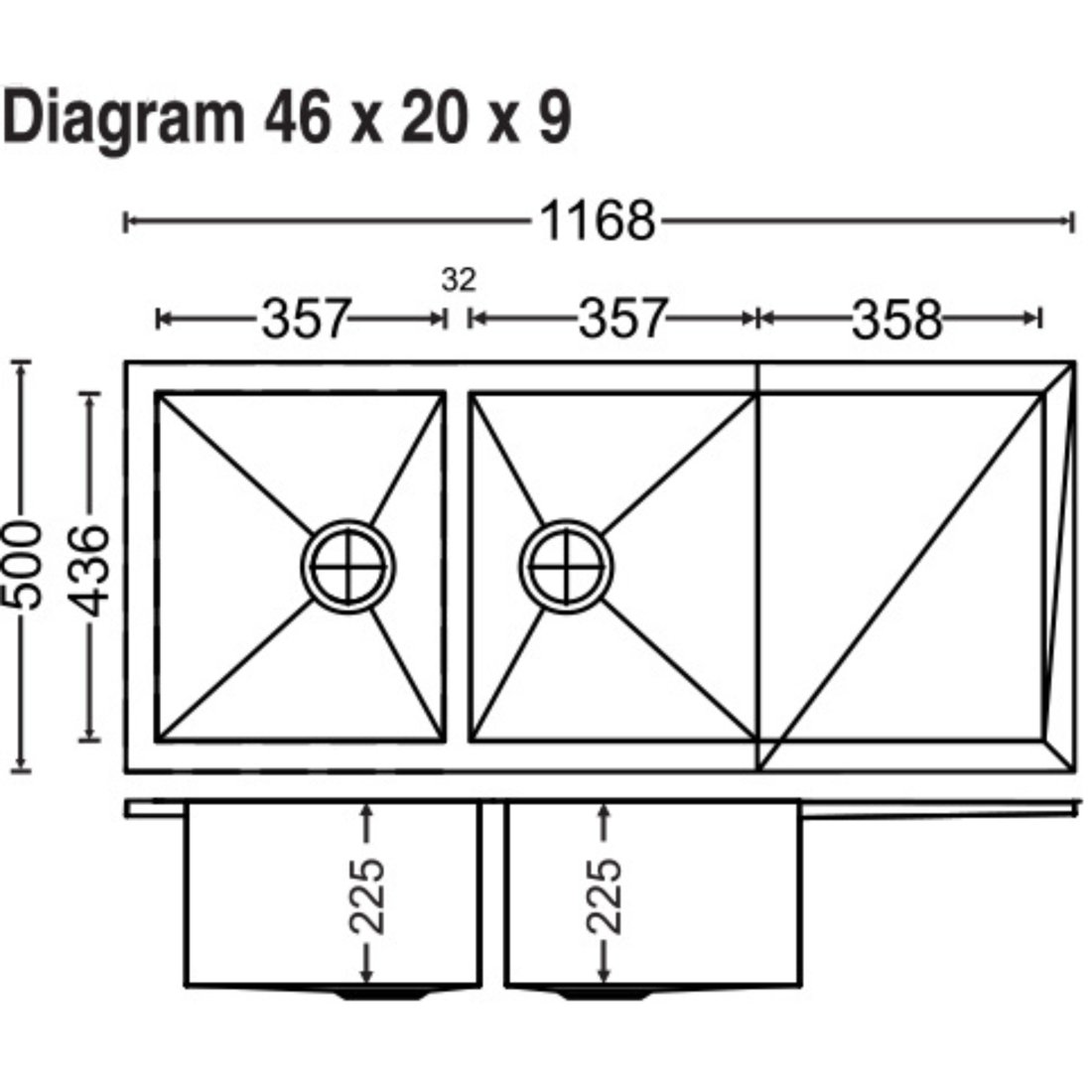 Carysil Quadro Double Bowl With Drainer 46x20x9 dimensions