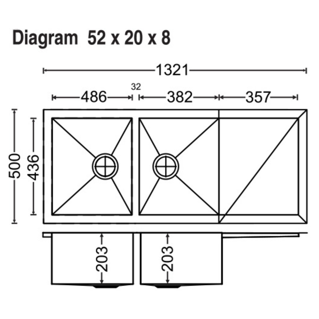 Carysil Quadro Double Bowl With Drainer 52x20x8 dimensions