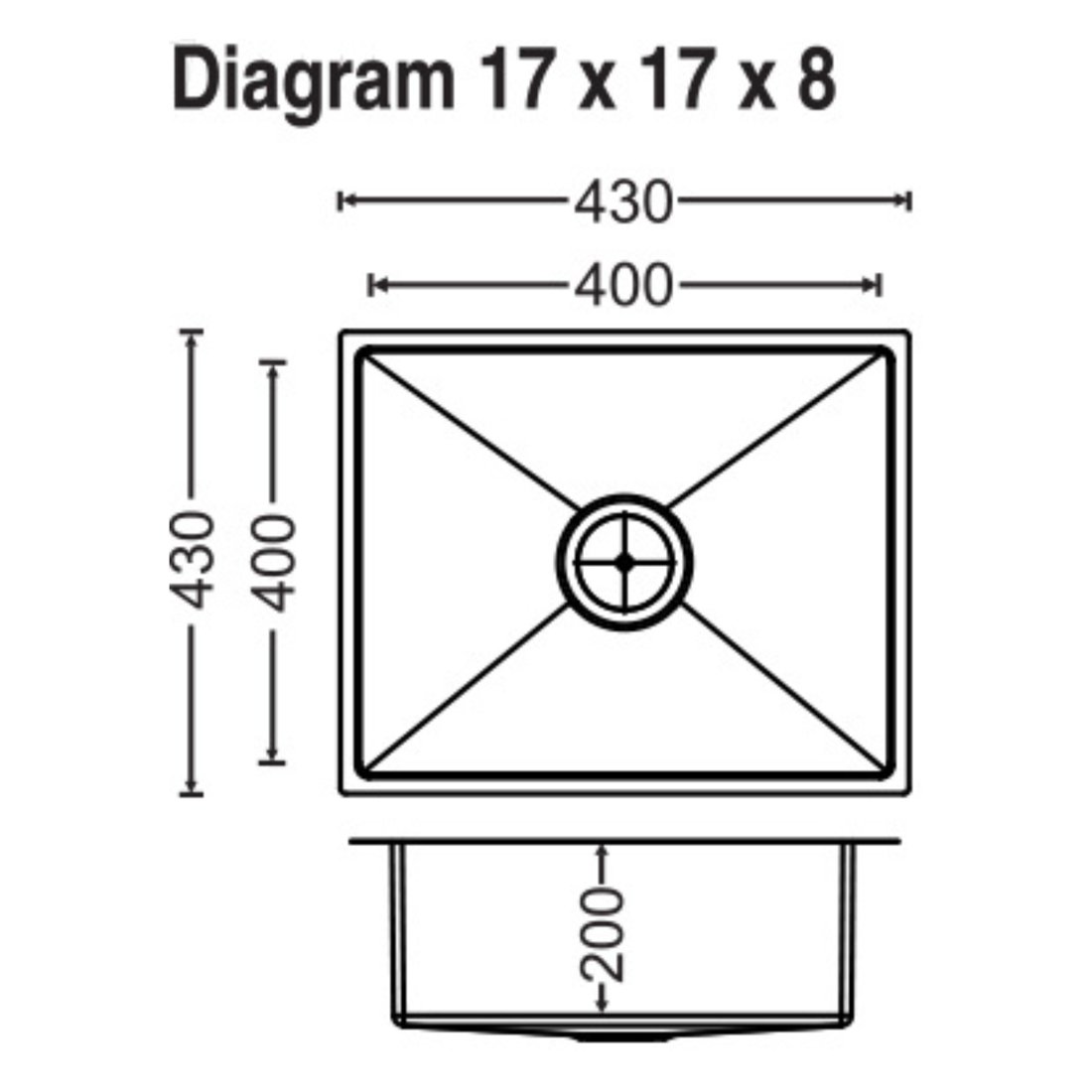 Carysil Quadro Q10 Single Bowl 17x17x8 dimensions