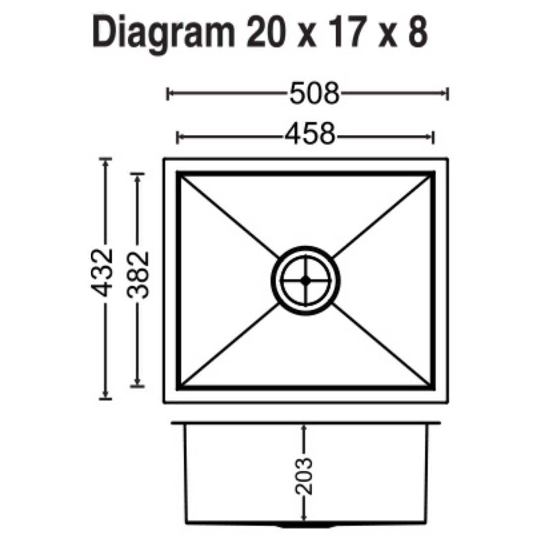 Carysil Quadro Q10 Single Bowl 20x17x8 dimensions