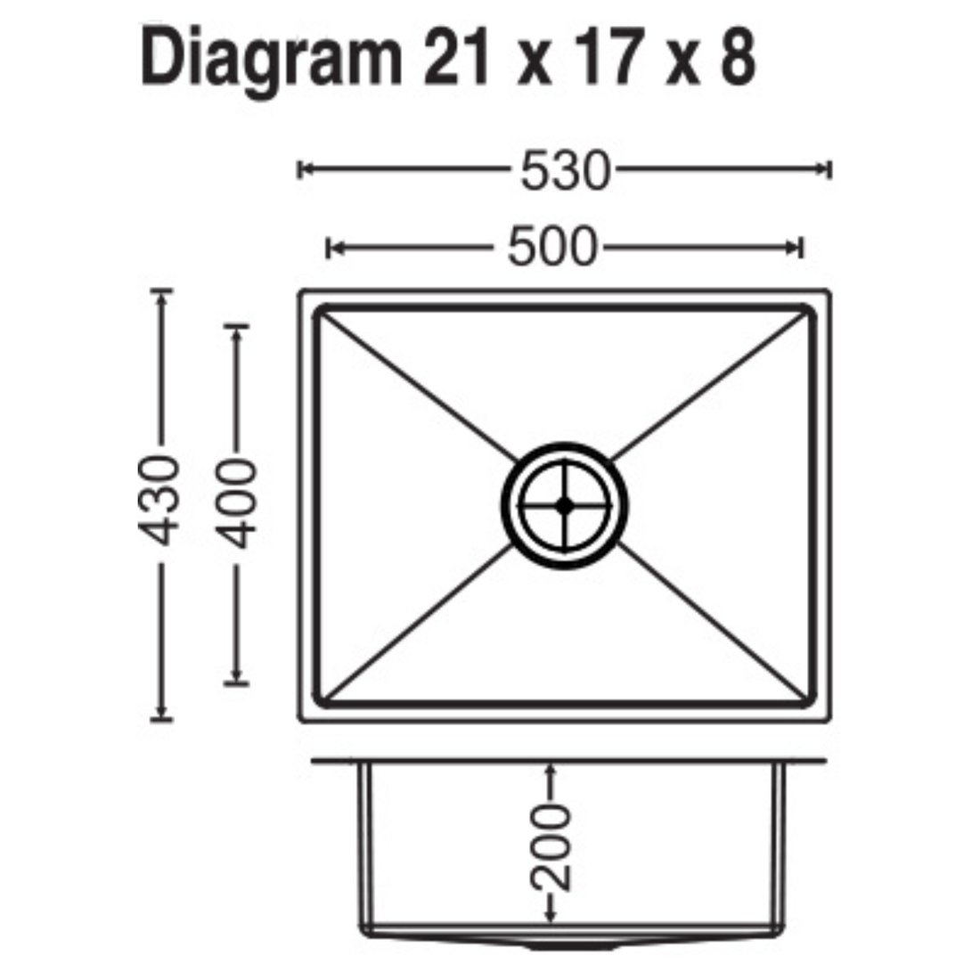 Carysil Quadro Q10 Single Bowl 21x17x8 dimensions