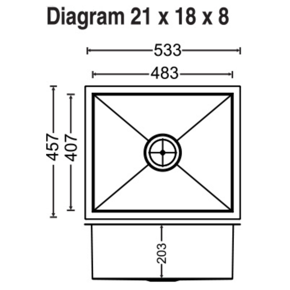 Carysil Quadro Q10 Single Bowl 21x18x8 dimensions