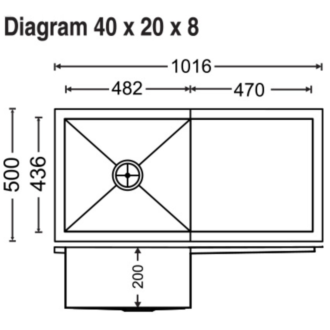 Carysil Quadro Single Bowl with Drainer 40x20x8 dimensions
