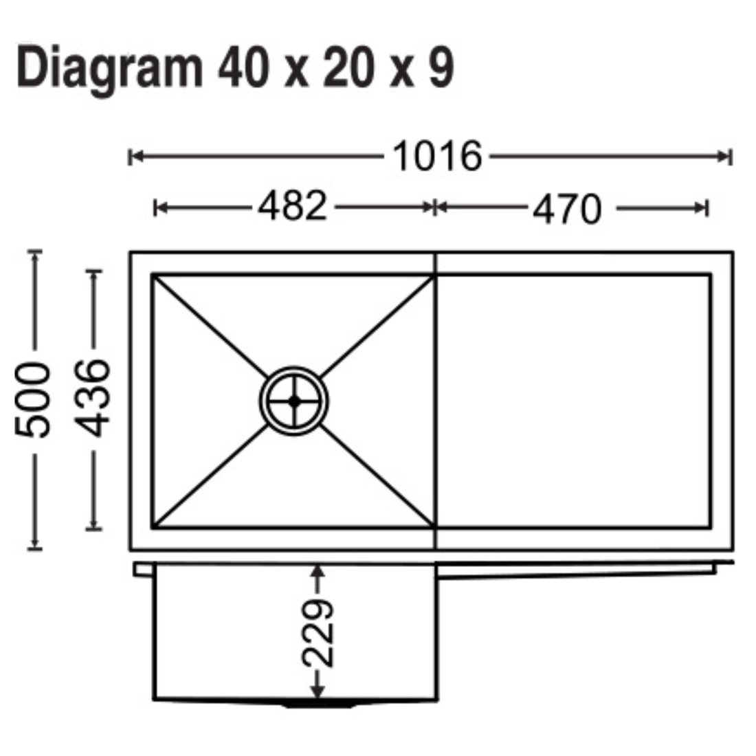 Carysil Quadro Single Bowl with Drainer 40x20x9 dimensions