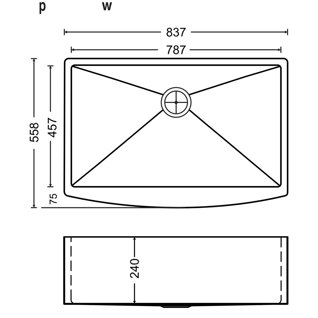 Carysil Radius Appron Sink 33x22x9 dimensions