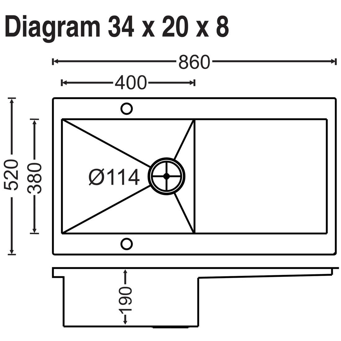 Carysil Rege Single Bowl With Drainer 34x20x8 dimensions